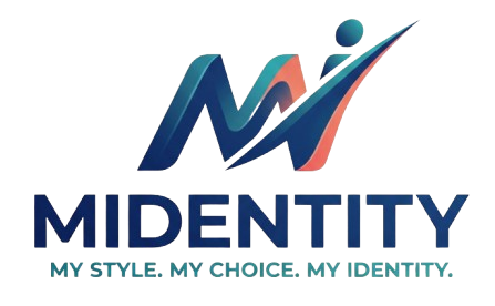 The logo for MIDENTITY, featuring a stylized 'M' and 'I' graphic with a human figure, above the text 'MIDENTITY' and the tagline 'MY STYLE. MY CHOICE.